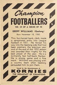 1954 Kornies Champion Footballers #24 Geoff Williams Back